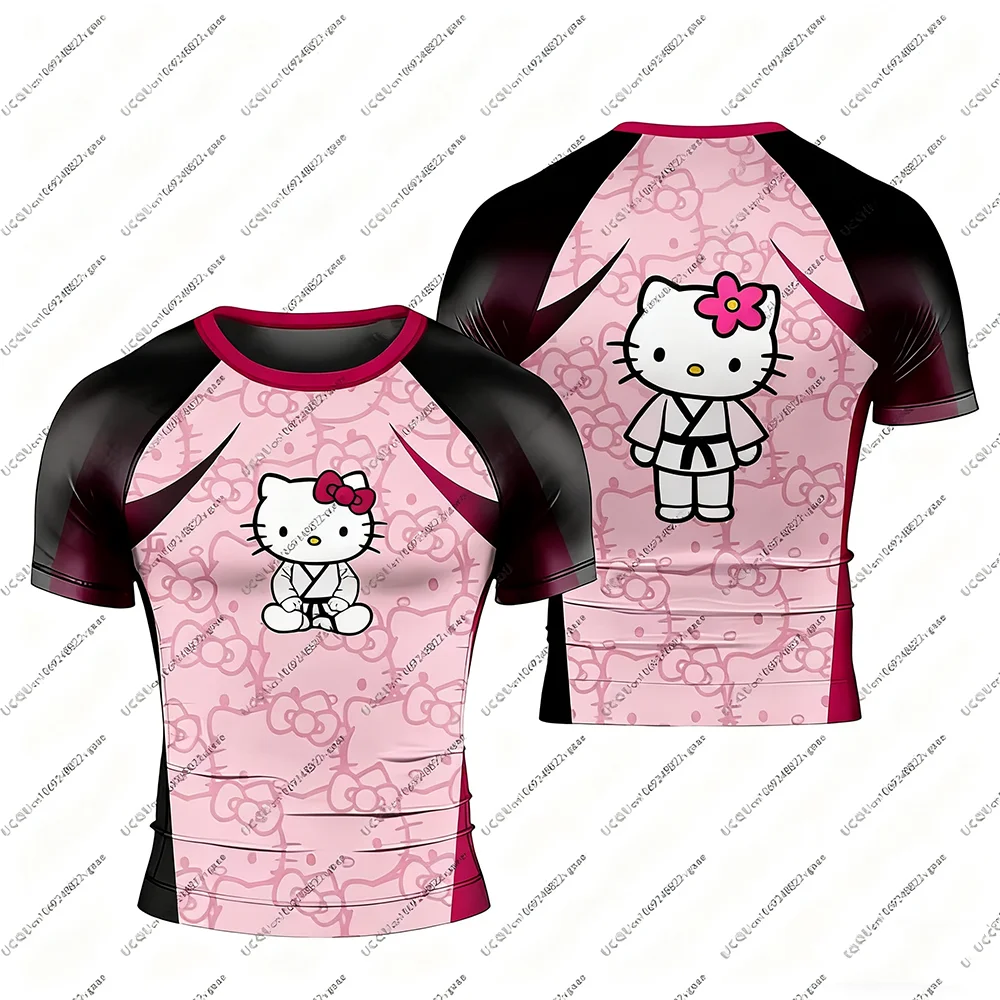 Crianças meninas t camisa casual roupas esportivas halloween camiseta topo presente anime fitness ginásio olá kitty jiu jitsu rash guard respirável miniso