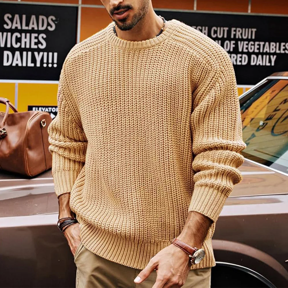 Men Round Neck Pullovers Vintage Solid Long Sleeve Jumpers Knit Sweater Loose Casual Basics Sweaters Autumn Winter 2025