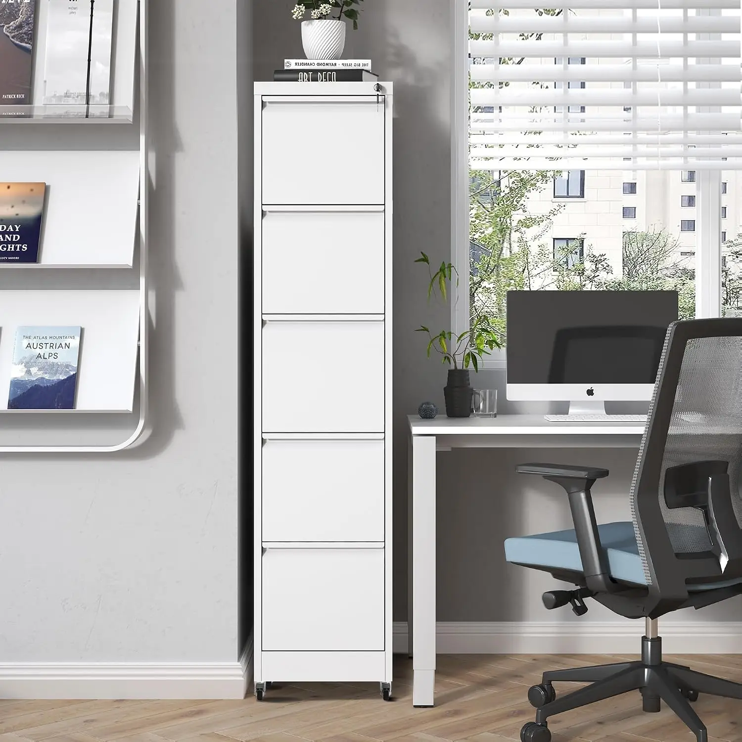 5 Drawer Metal File Cabinet with Lock & Wheels, Office Mobile Storage for Legal Letter Folders, Customized