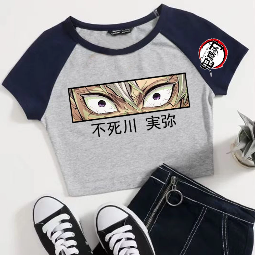 شيطان القاتل شينازوجاوا سانيمي عيون المحاصيل القمم تي شيرت الفتيات أزياء المرأة س الرقبة قصيرة الأكمام هدية