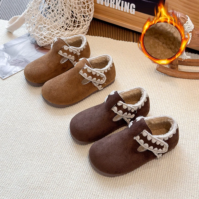 

Зимние лоферы для девочек, плюшевая повседневная детская обувь на плоской подошве с круглым носком и крючками, однотонная нескользящая шикарная универсальная детская обувь