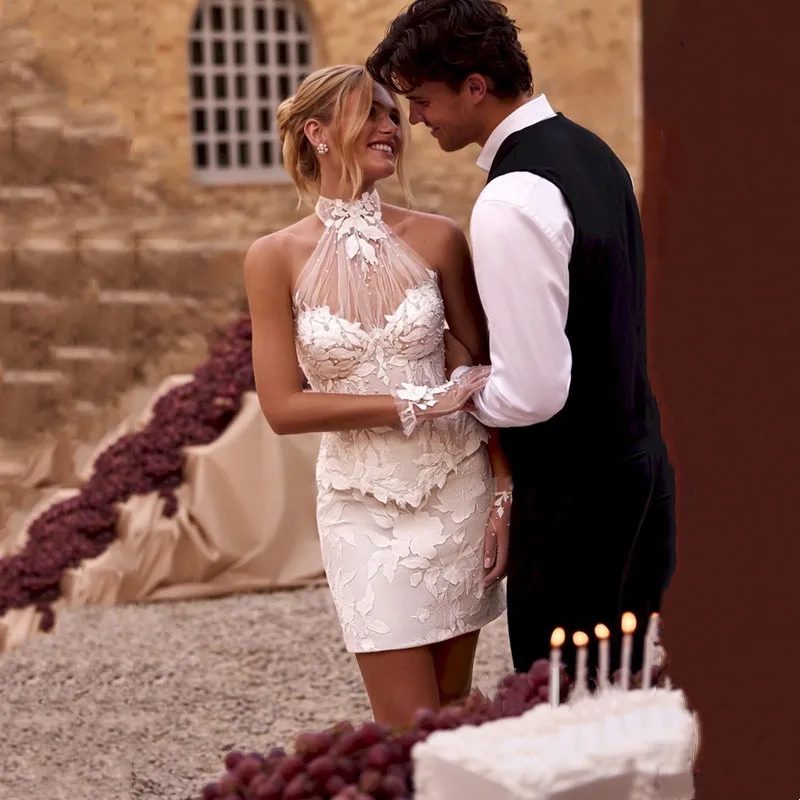 

Elegant Mini Ivory Appliques Wedding Dress Sleeveless High Neck Tulle illusion Pleat Sexy Open Back 2026 Short Dress Customized