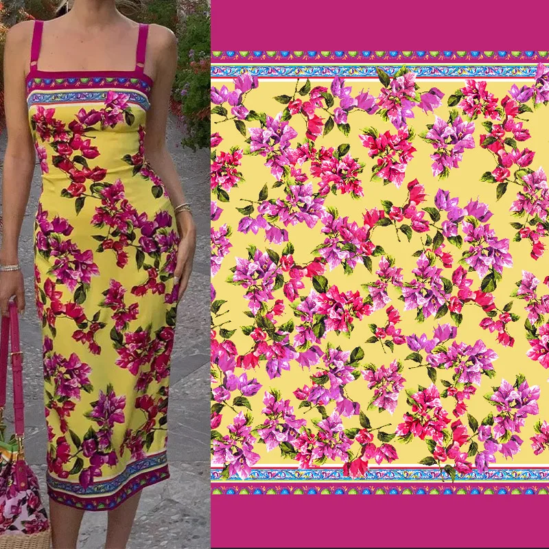 

Поплин хлопчатобумажная ткань с желтым основанием и фиолетовым цветочным принтом для платья/блузы Telas Para Costura Tissus DIY ткань для шитья материал