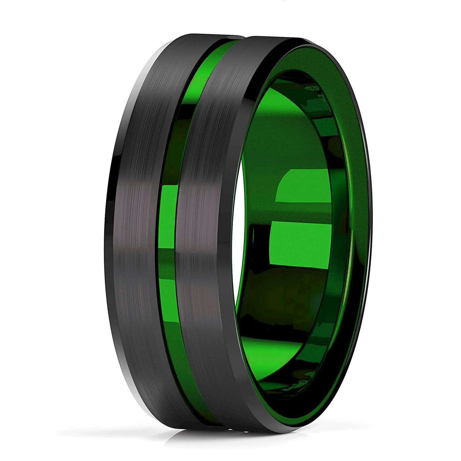 Trendy 8mm Green Color Groove Beveled Edge Tungsten Wedding Rings For Men Black Brushed Steel Engagement Ring Men\'s Wedding Band