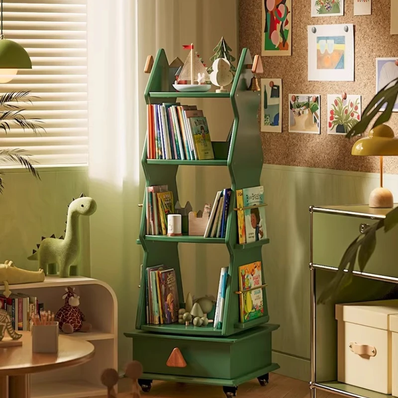 

Solid wood children's bookshelf living room movable display rack rotating picture book rack student reading creative