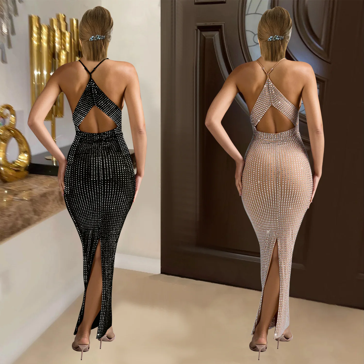 C6963 Sexy Dress Women Sequins Patchwork Vogue Cleavage Chest Wrap Backless Midnight Banquet Party Hipster Classic Long Bodycon