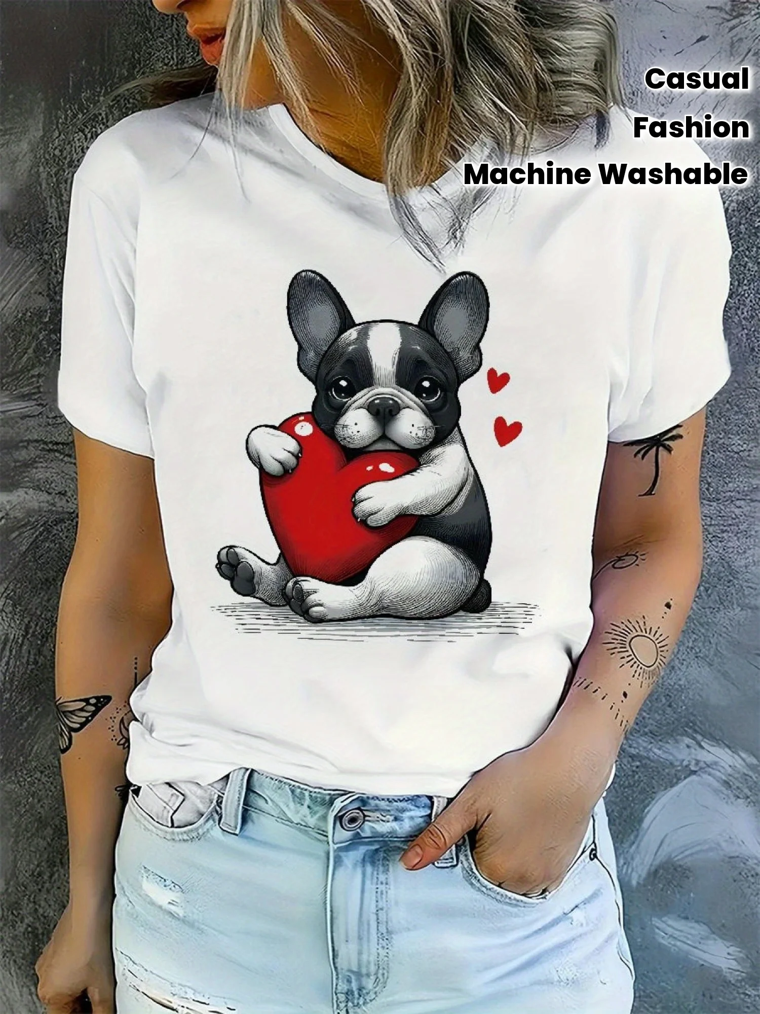 2025 New Women's Casual Short Sleeve T-Shirt - Cute French Bulldog & Hearts Graphic Print, Black Round Neck Tee