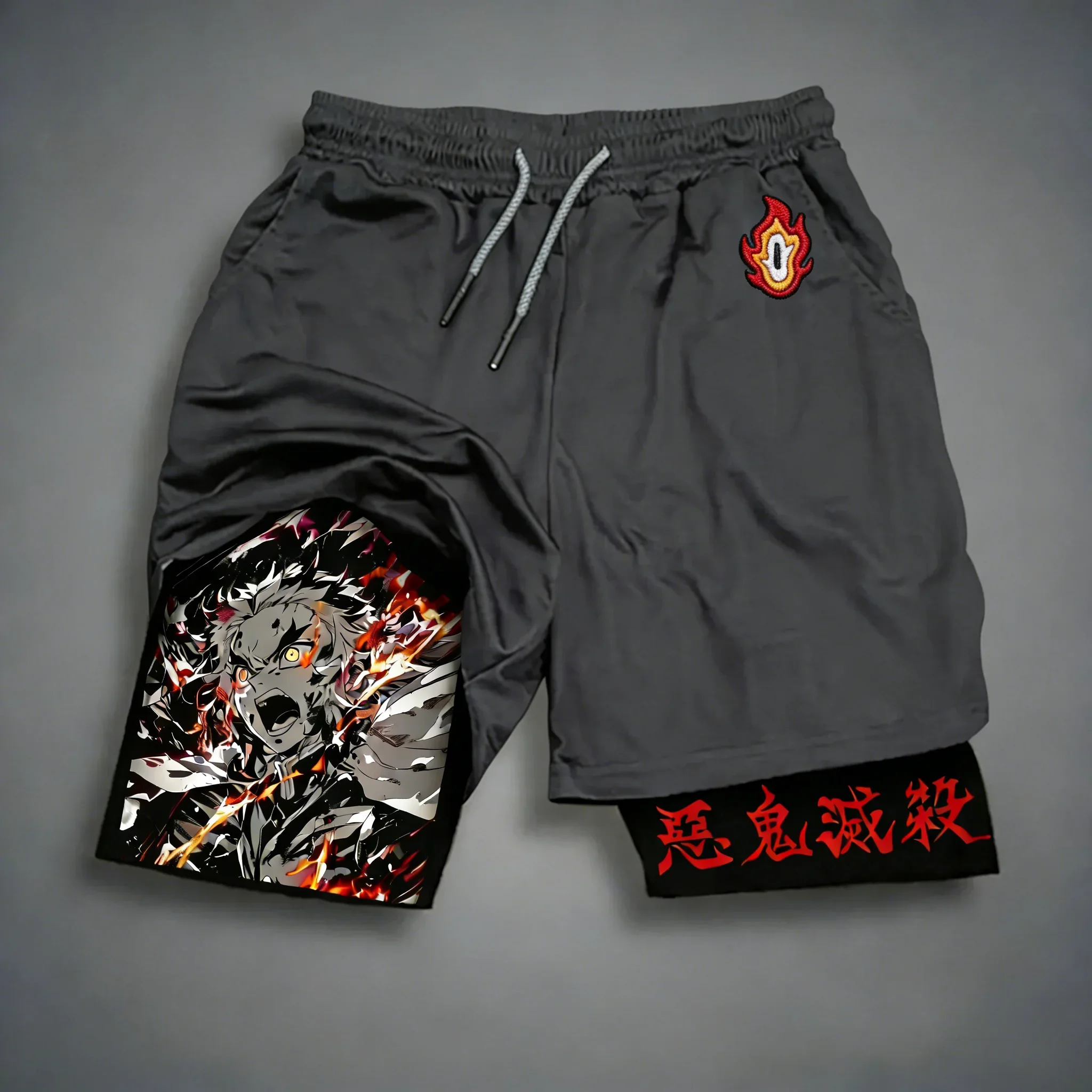 

Шорты Demon Slayer Anime Rengoku Kyoujurou, новые летние шорты унисекс для бега, спортивные, эластичные, удобные, 2-в-1