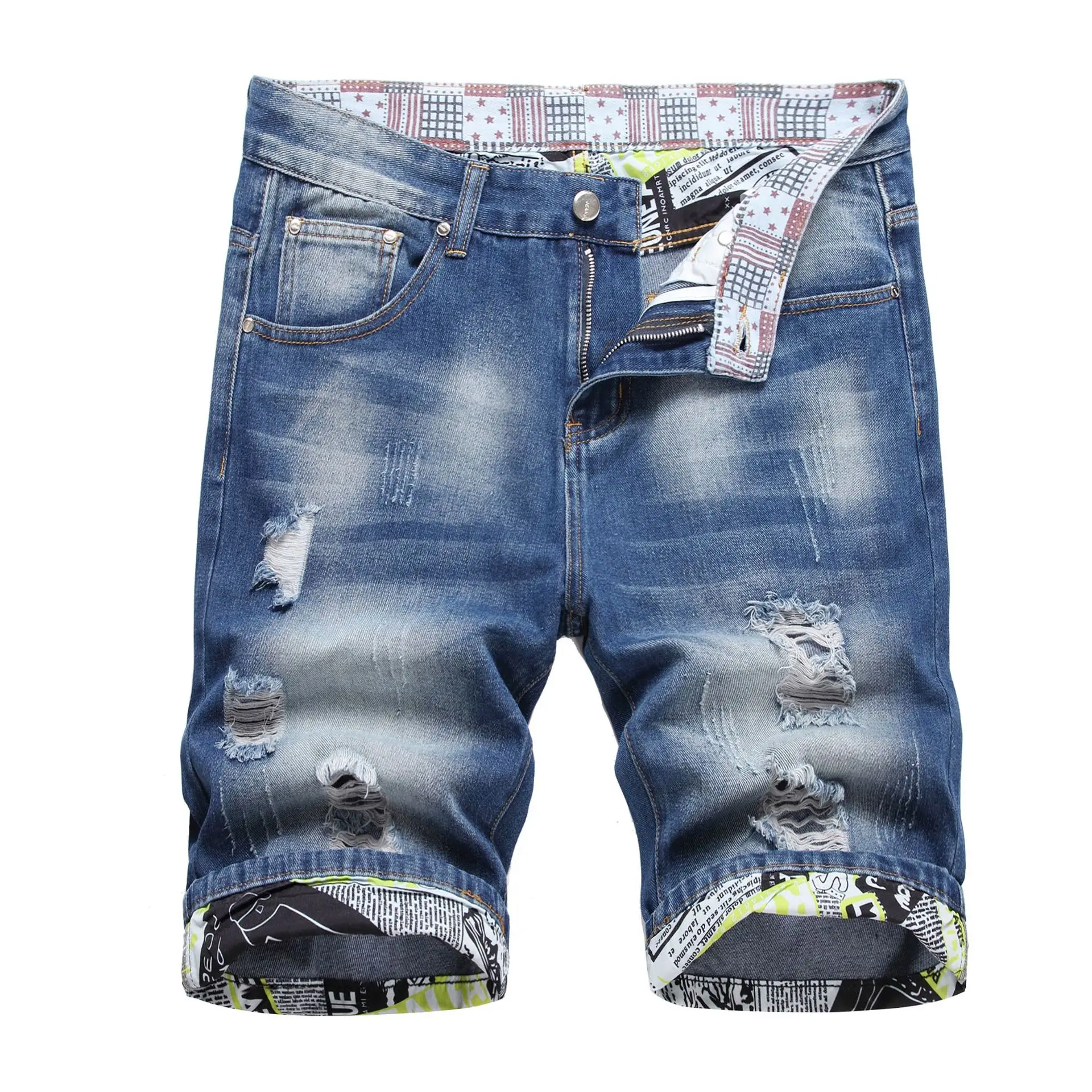 

Men's Summer Clothing Frayed Ripped Denim Shorts Streetwear Youth Slim Straight Short Jeans Pants Male Casual Cotton Trousers
