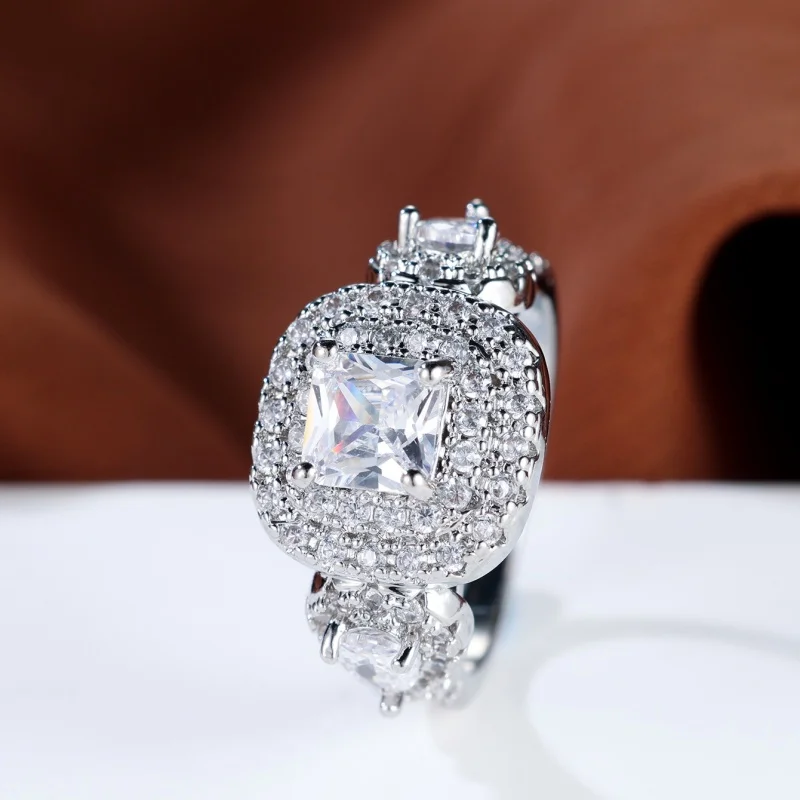 2026 New European and American Three Stone Square Zircon Ring Luxury Full Set Ladder Square Personalized Accessory