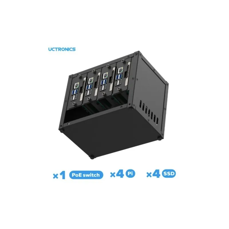 UCTRONICS Raspberry Pi Cluster Case, Multi Pi Server Enclosure, 4 SSD Mounts, PoE+ HAT and Dual Fan Support view 4
