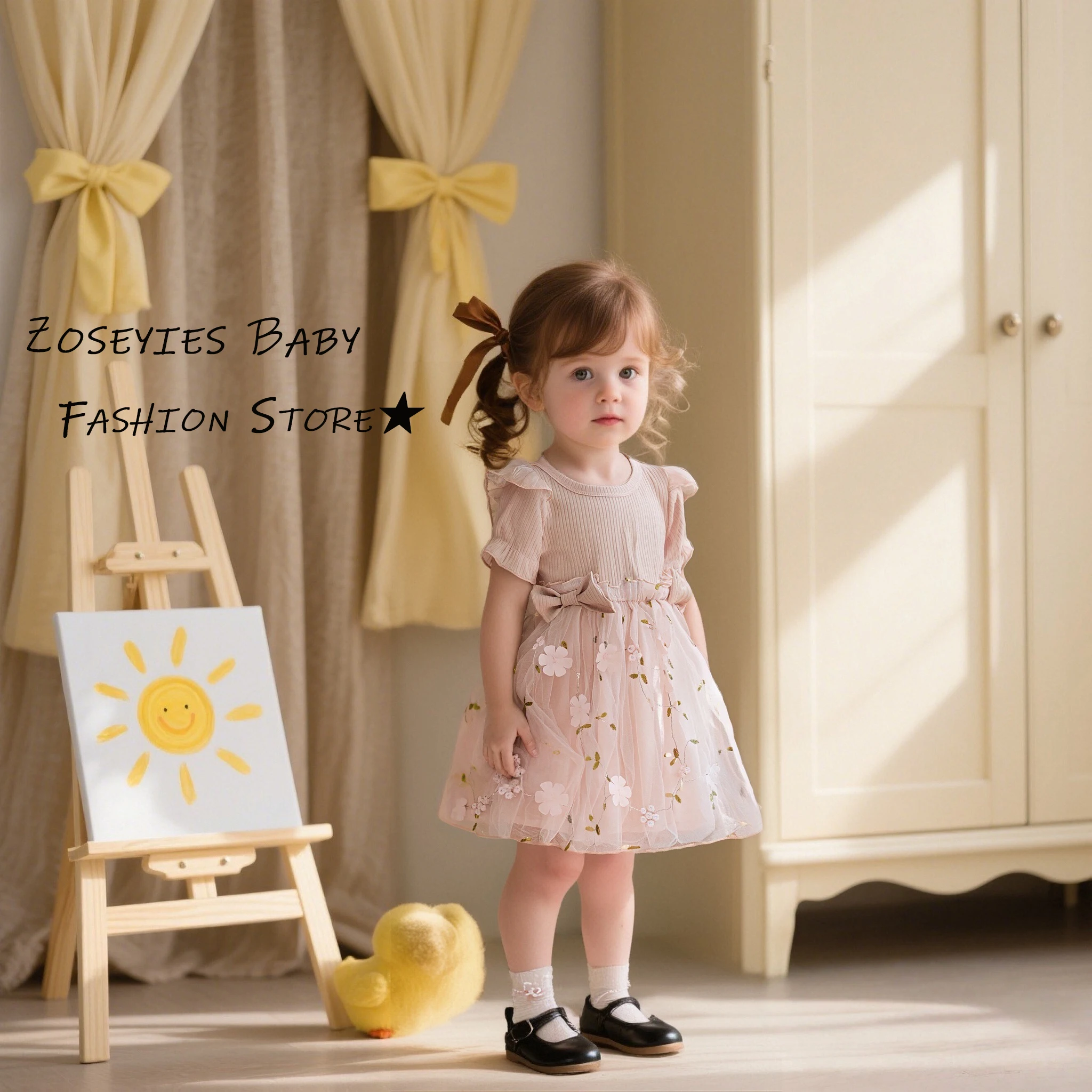 Mädchen Kleid Sommer Floral bestickt Kurzarm Baby Mädchen Kleid süße Schleife Mädchen Prinzessin Kleid Baby Mädchen Kleidung