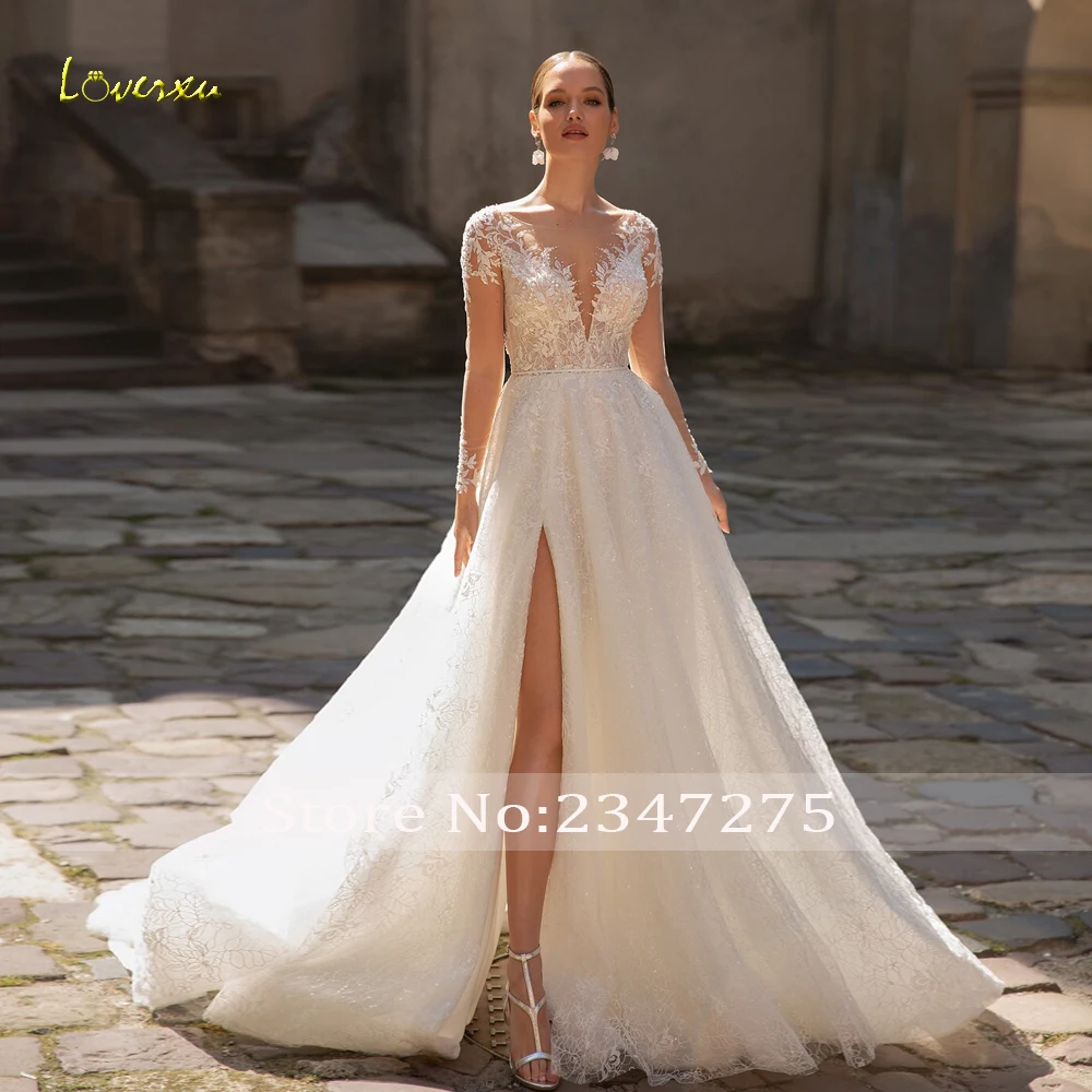 Loverxu gaun pernikahan Chic A-Line gaun pengantin lengan panjang Sweetheart Vestido De Novia renda berpayet Glitter Split gaun pengantin buatan khusus