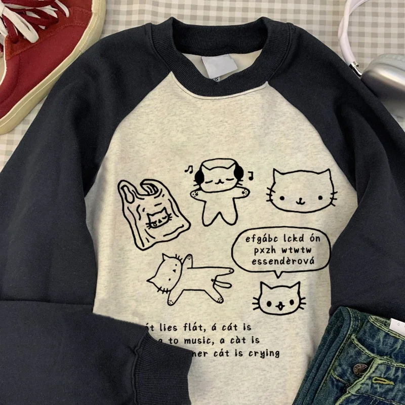 

EBAIHUI Cute Printed Patchwork Women's Sweatshirt Japanese Round Neck Ladies Pullover Autumn Winter Long Sleeved Oversized Tops