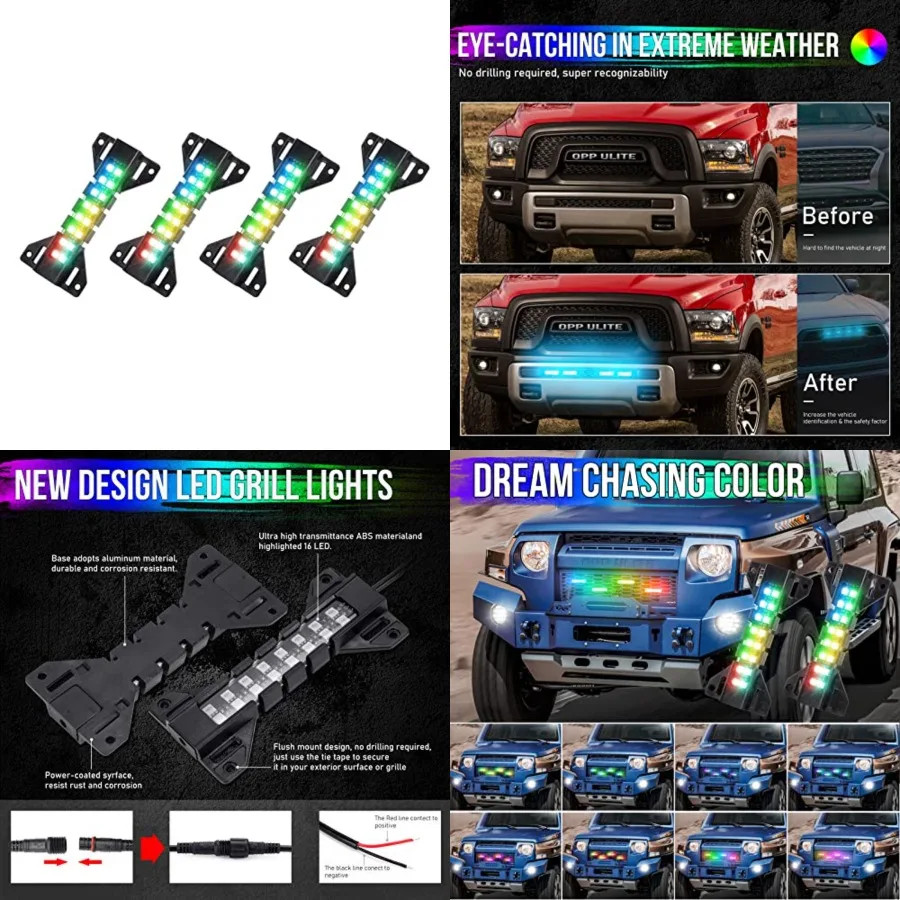 

LED Grille Lights Chasing Dream Color - 4 Pods Front Grill Light - Smartphone APP Control/DIY Color/Music/Timing/Flashing Modes