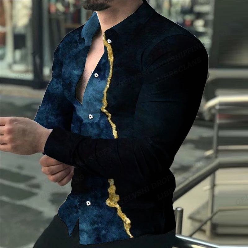 Camisa estampada geométrica masculina e feminina, de manga comprida, lapela 3D, moda casual, verão