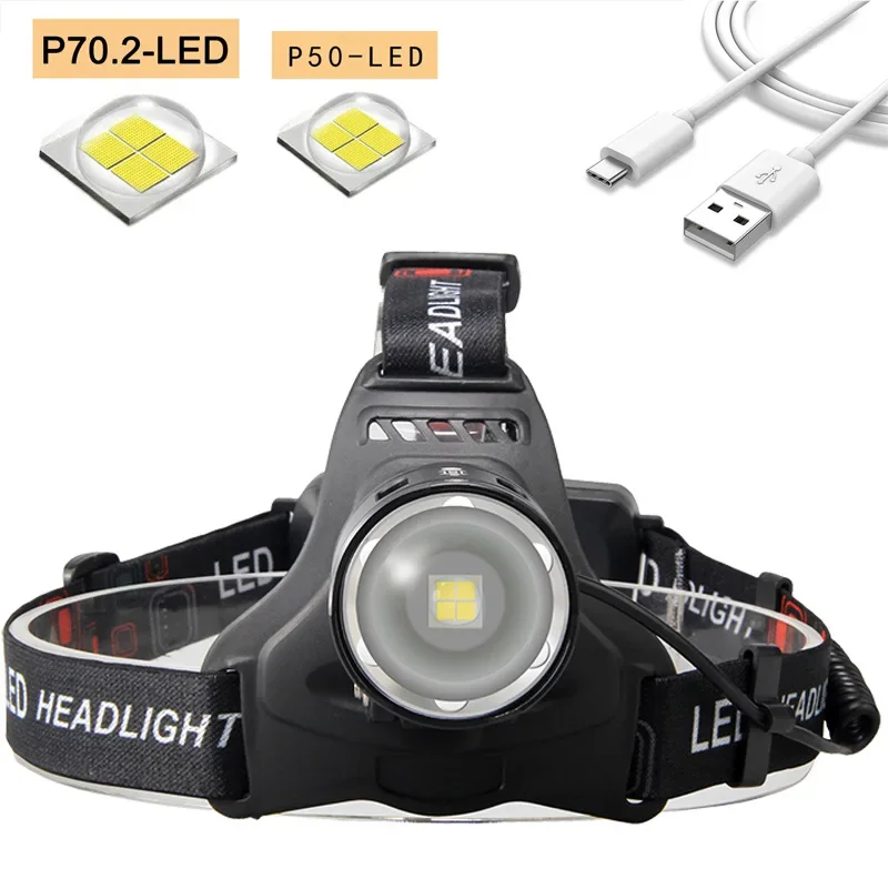 Powerful XHP70.2 Led Headlamp Headlight Zoom Head Lamp Flashlight Torch 18650 battery USB Rechargeable Fishing Lantern XHP50.2