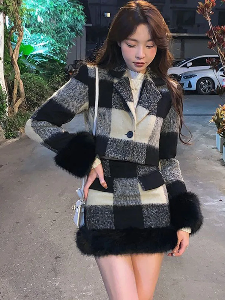 Winter Warm Cotton Padded Lined 2 Piece Sets Women Lapel Neck Cropped Coats Conjuntos Casual Slim Thicken Short Skirts Outfit