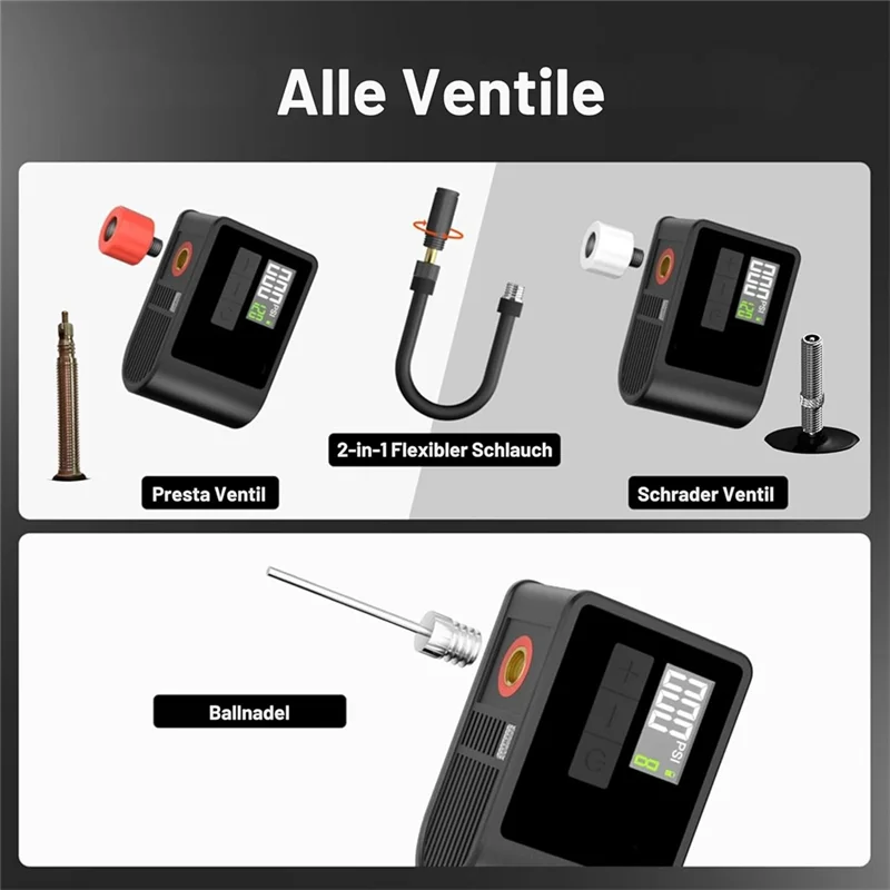 

Mini Electric Bike Pump,120 PSI, Charge Function, Auto Shut-Off, Built-In Pressure Gauge LED Light For Road Bikes