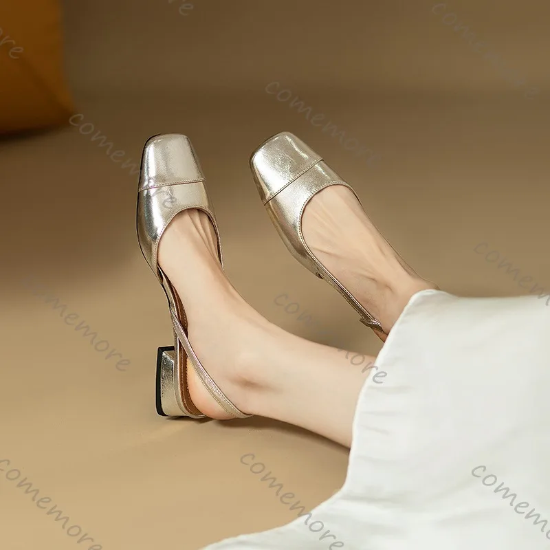 Estate francese confortevole punta quadrata pompe con bocca superficiale cinturino posteriore tacco basso scarpe singole sandali per le donne Zapatos De Mujer