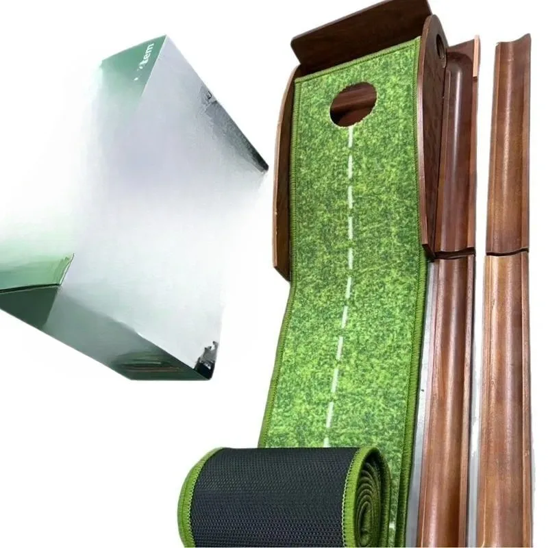 Wooden Golf Putter Trainer with Ball Return Track Nylon Mat Practice Aid for Home Office Swing Skill Improvement