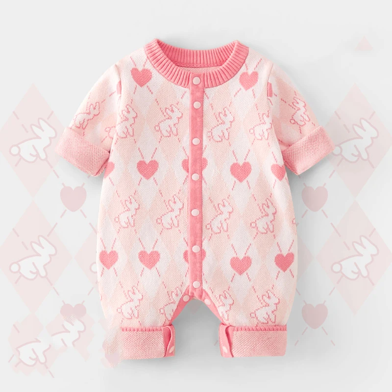 

2025 Ins New Autumn Baby Girl Onesie Knitted Heart Shaped Girls Bodysuits Infant Baby Girls Long Sleeves Jumpsuits For Outwear