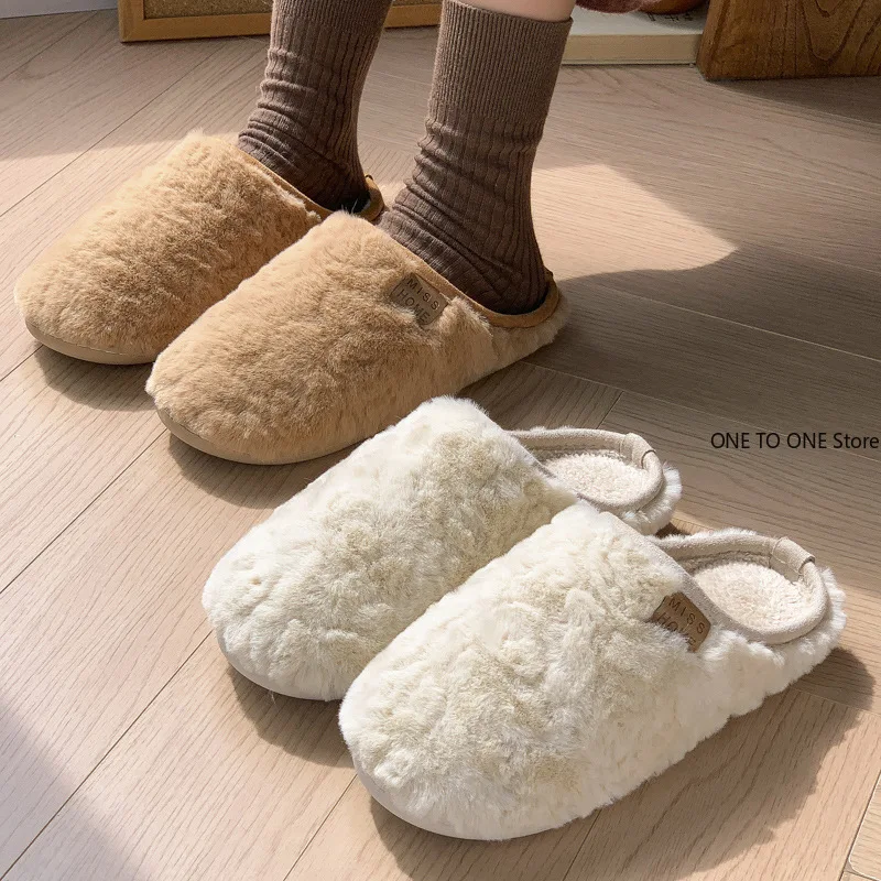 

New Simple Home Fur Slippers for Women Autumn and Winter Couples Home Imitation Rabbit Fur Fleece Warm Non-slip Cotton Slippers