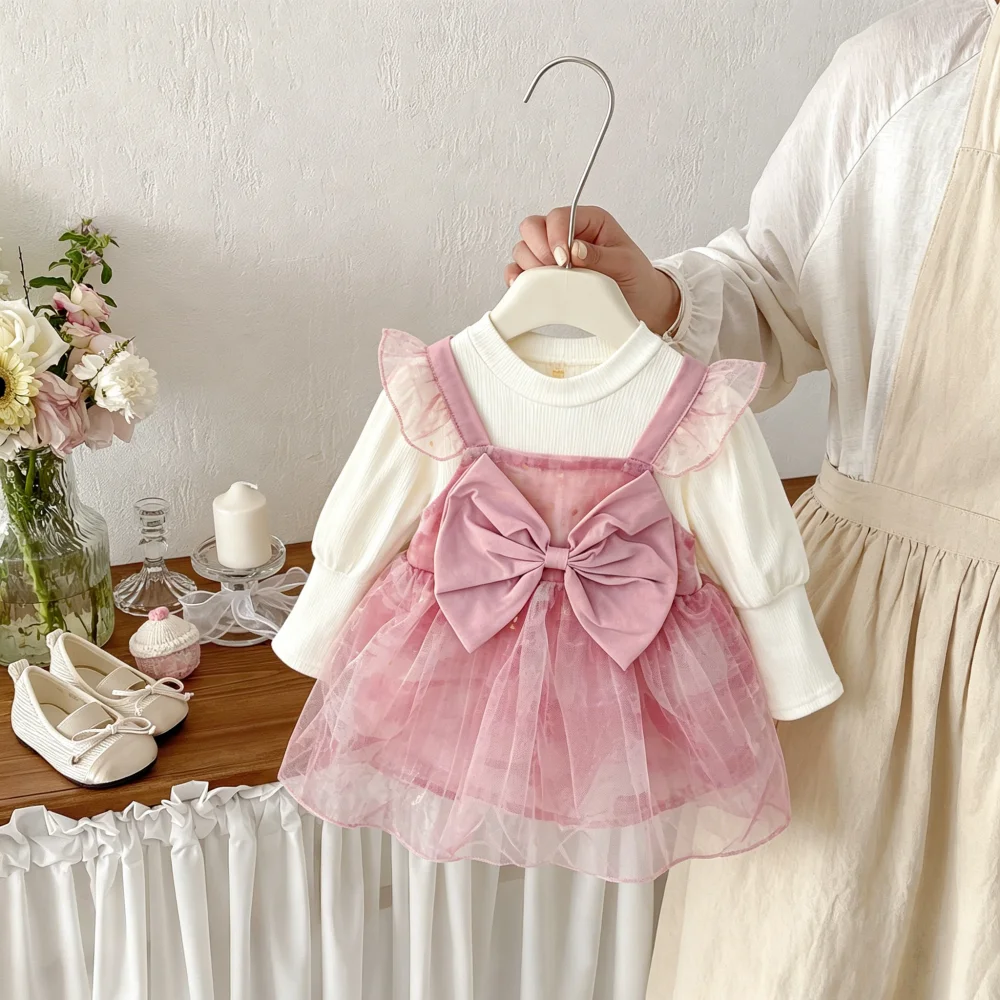 Babykleid für Frühling und Herbst, helles Mesh-Langarmkleid für Mädchen, süßes Prinzessinnen-Kinderkleid, Babykleidung für Mädchen ﻿