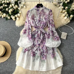 Elegant Lantern Sleeves Vintage Stand Collar Chic Print Fashion Bandage Slim Single Breasted Dresses High Street Autumn Clothing