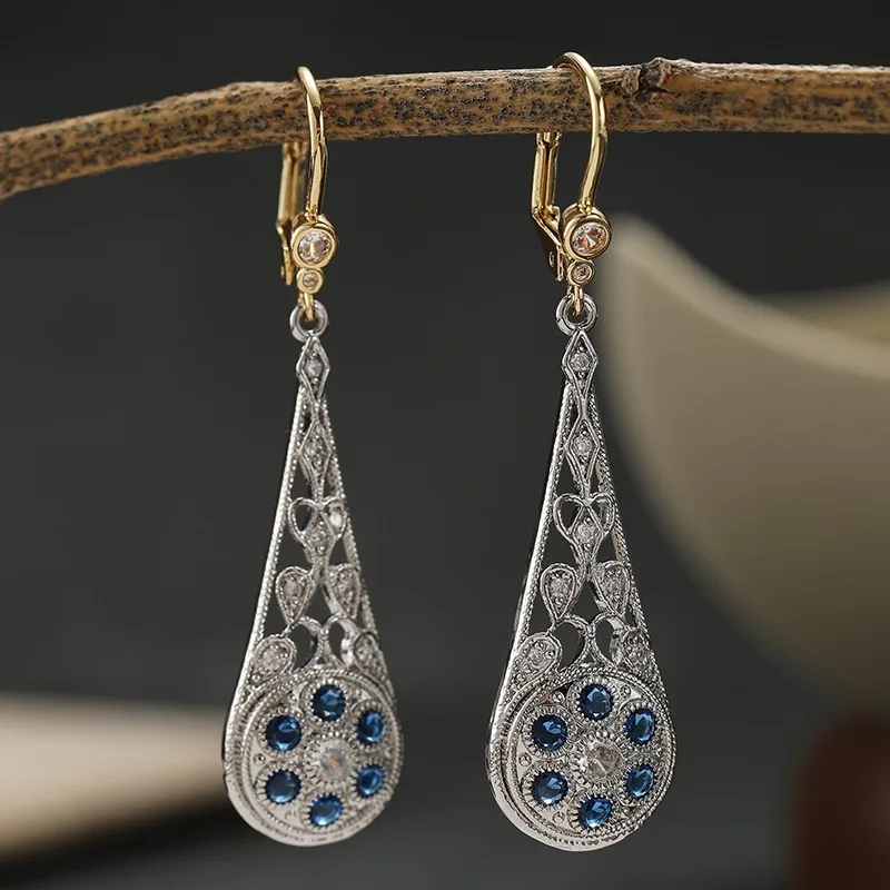 Ladies' Vintage Hollow Water Droplet Earrings Inlay Blue White Cubic Zircon Light Luxury Ear Buckle Elegant Atmosphere Jewelry
