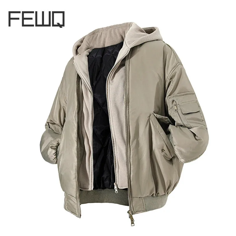 FEWQ Winter New Fashion Versatile Cotton Coat 2024 Patchwork With Hat Zipper Long Sleeve Streetwear Male Tops 24E5855