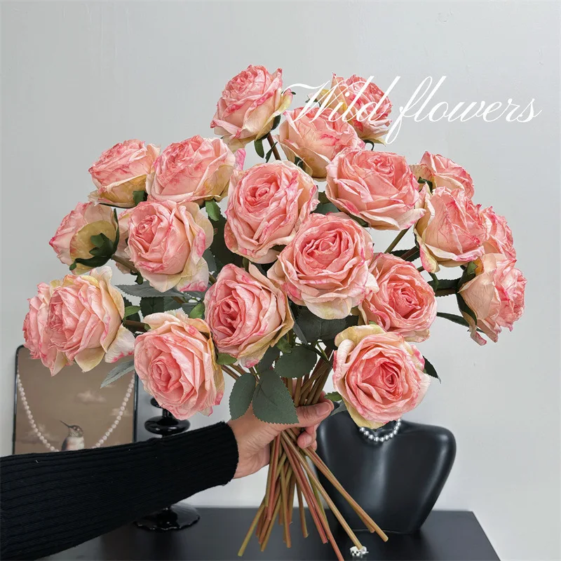 

Premium Burnt Edge Rose Artificial Flowers - Silk Fabric Bouquet for Home Decoration Wedding Photo Prop