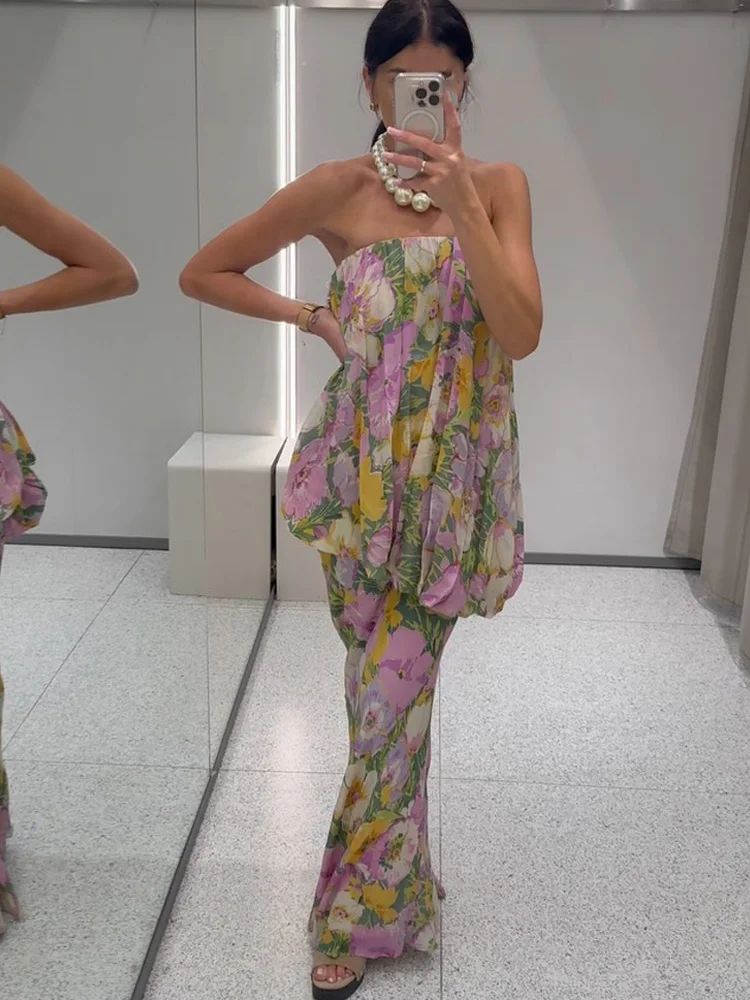 HH Women Fashion Irregular Flower Print Pleated Decoration Long Dress Female Summer Elegant Sexy Single-Breasted Slim Dress