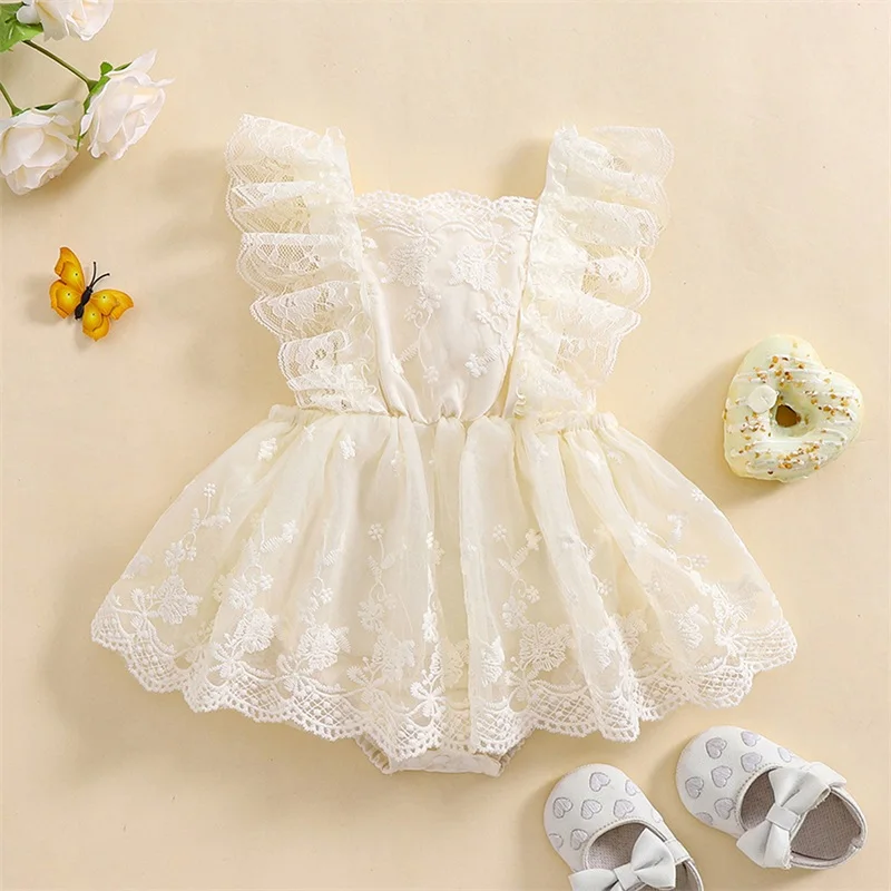 Newborn Baby Girls Priness Rompers Dress Lace Flower Ruffles Backless Jumpsuits Tulle Skirts Birthday Party Newborn Clothes