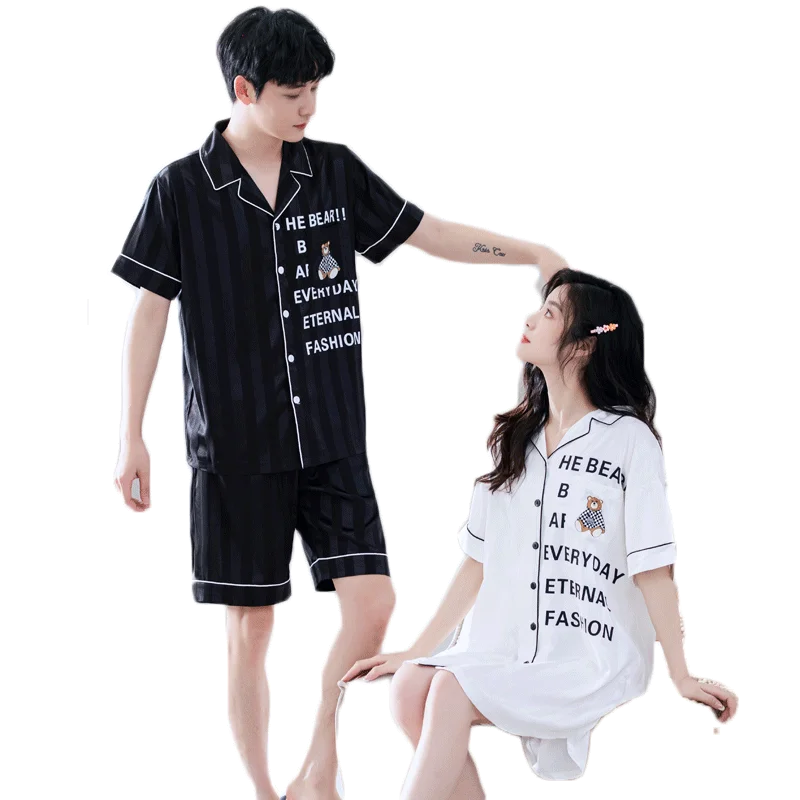 

Couple Pajamas Set Summer Short Sleeve Sleepwear Men and Women Silk Pijamas Suit Women Nightgown