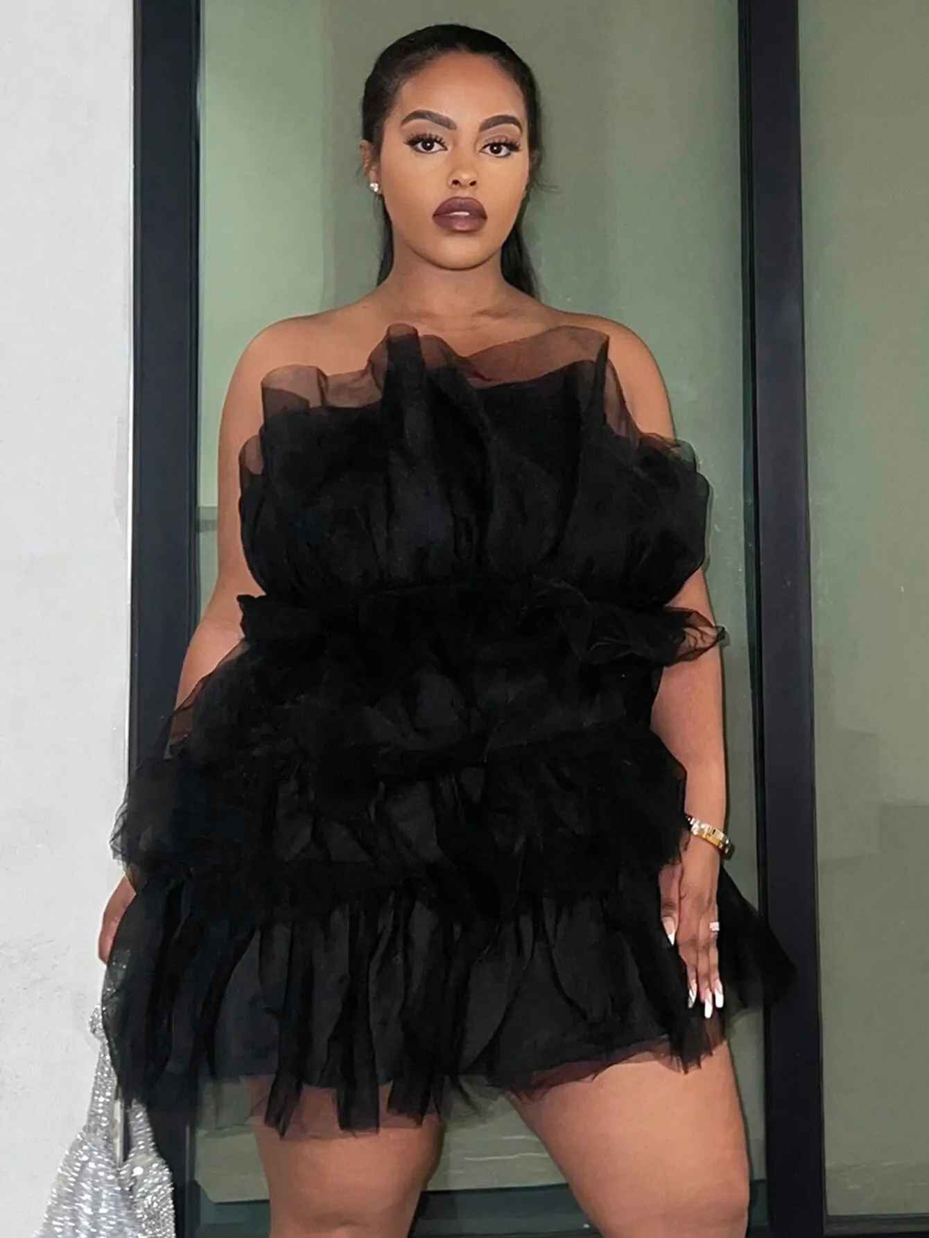 

Платье для вечеринок и свиданий больших размеров, черное, полупрозрачное, с оборками, с открытыми плечами