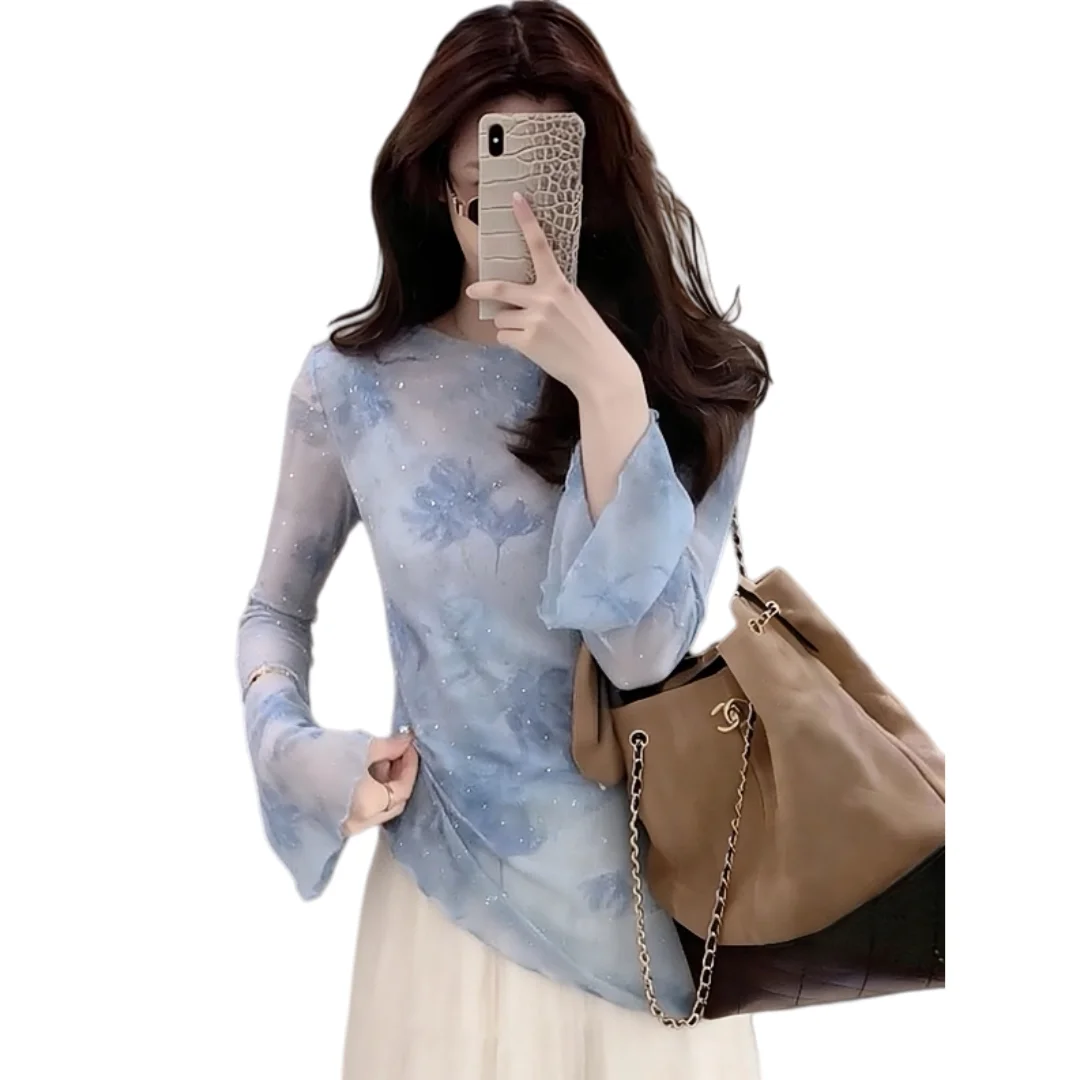 

2026 Spring Women's French High End Elegant Printed Sun Protection Cover Up Fashionable Slimming Long Sleeve Top