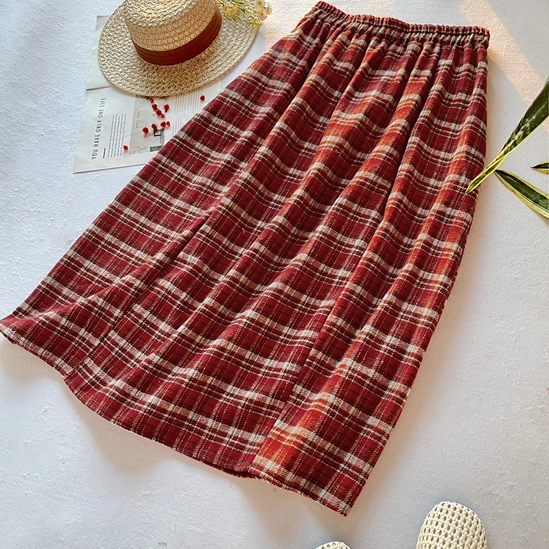 Red Plaid Flower Bud Long Woolen Skirt Women's Checkered Warm Skirt Autumn Winter Elastic Waist Commute City Scenarios