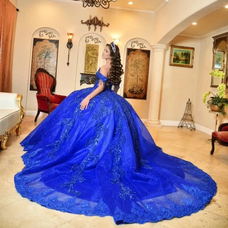 

Lorencia Mexican Royal Blue Quinceanera Dress Ball Gown Beading Crystals Lace Appliques Corset Sweet 16 Vestidos XV Años YQD461