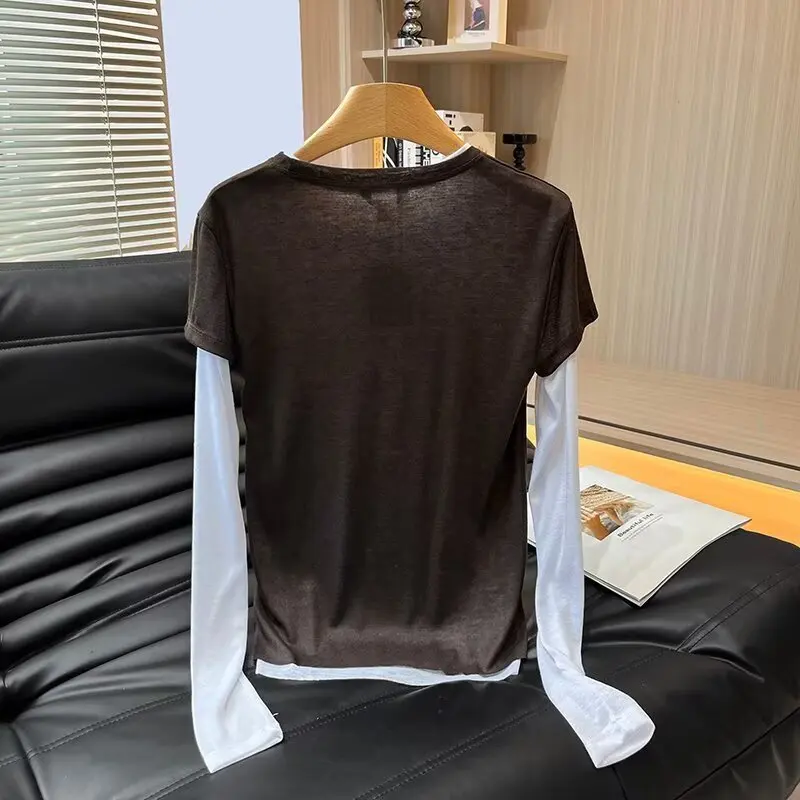 Dave&Di Fashion Lady Elegant Color-blocked Brown Round-neck T-shirt Woman Clothes Female Clothing Autumn Long-sleeved T-shirt