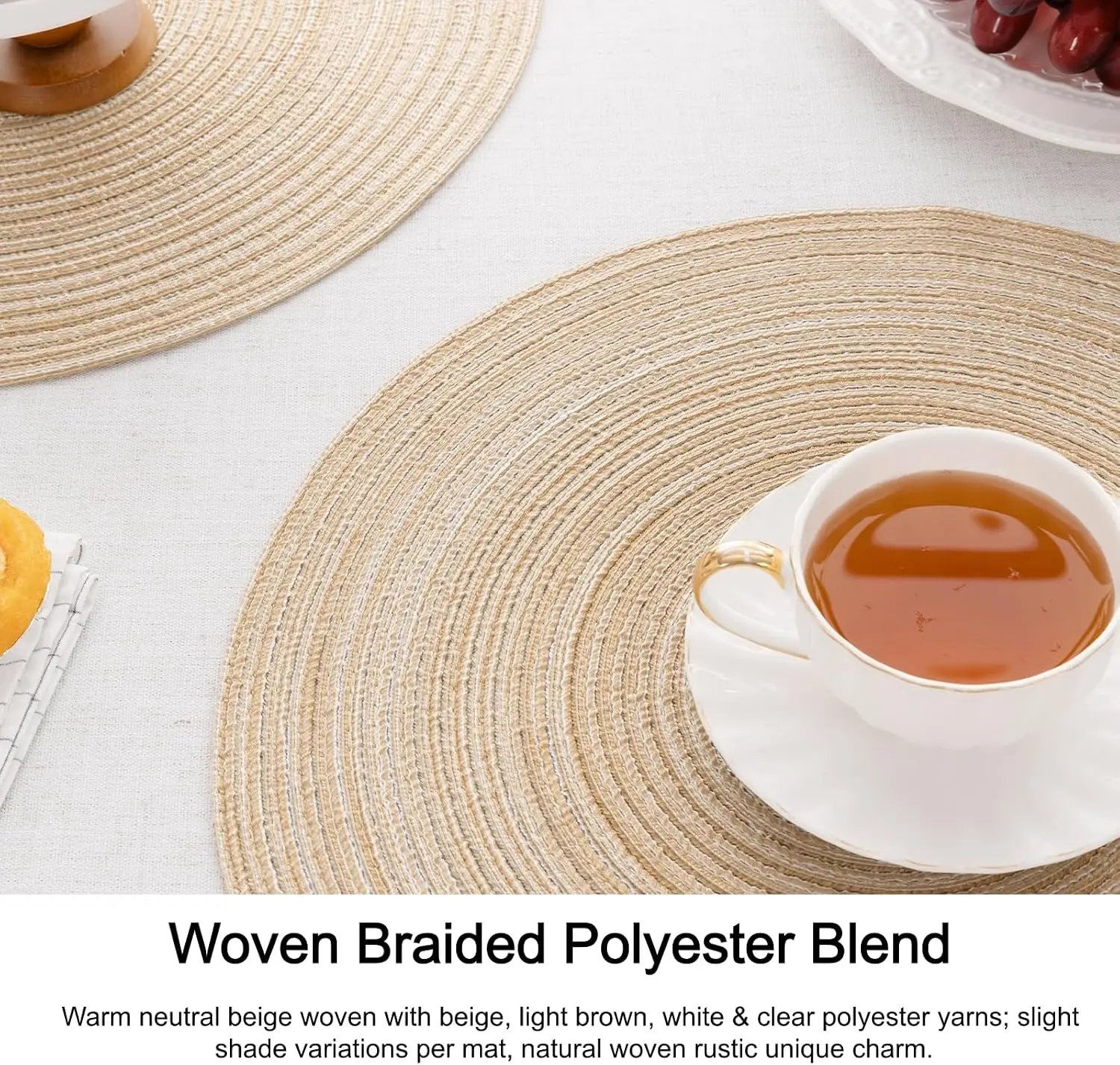 15 inch Beige Round Placemats Set of 12 Woven Braided for Kitchen Dining Washable