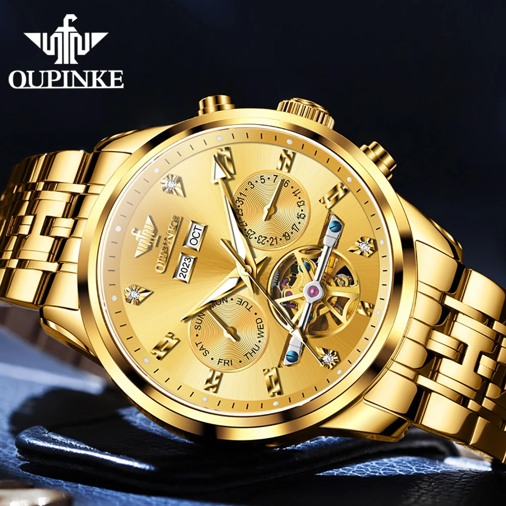 OUPINKE 3248 Full Gold Watch Men Flywheel Design Multifunctional Date Deep Waterproof Sapphire Mirror Luxury Dress Watch for Man