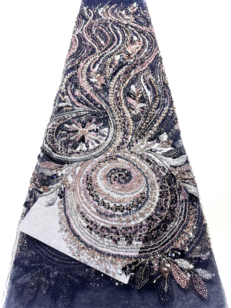 

French African Beads Lace Fabric 2025 Luxury High Quality Embroidery For Women Wedding Dress Nigerian Sequin Lace Fabric 5 Yards