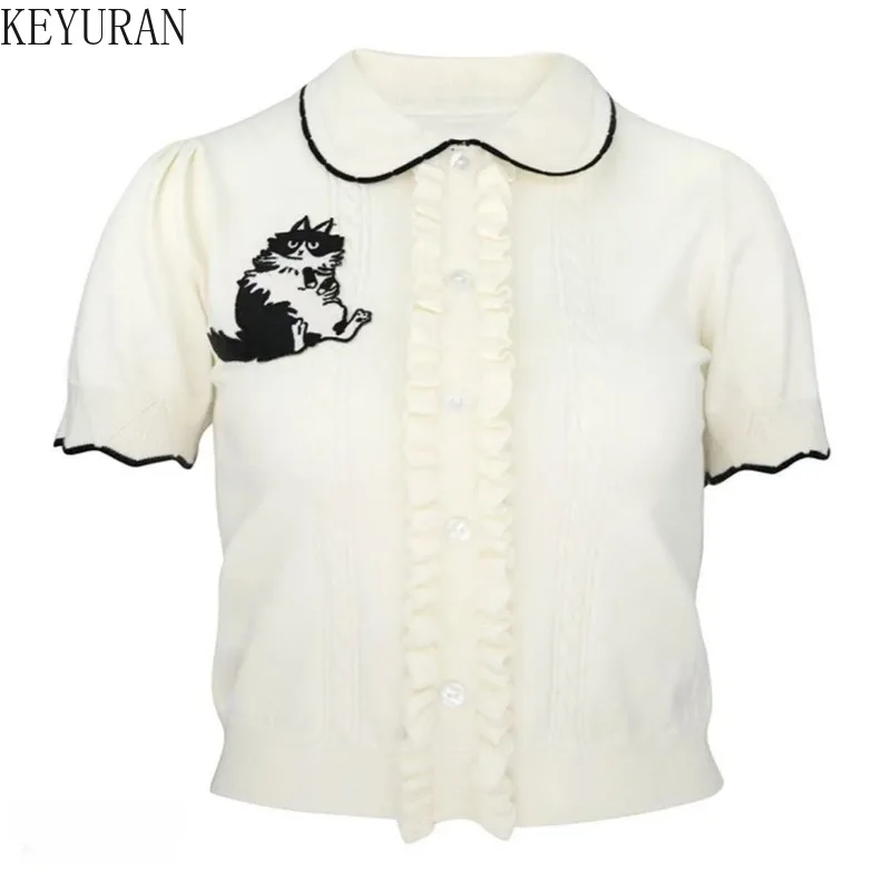 

2025 Summer Peter Pan Collar Thin Knitted Sweater Women Vintage Slim Versatile Short Sleeve Pullover Knitwear Tops Ladies Jumper