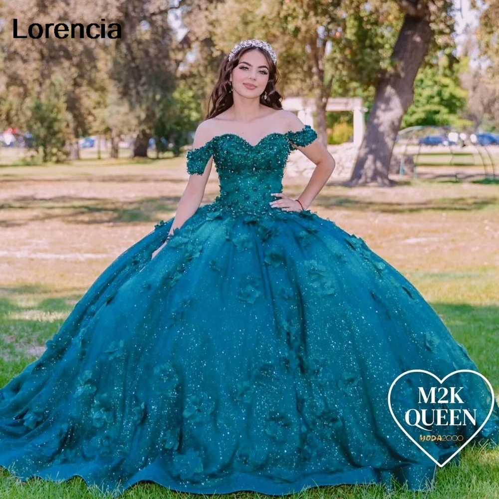 

Блестящее темно-зеленое платье Lorencia для Quinceanera, бальное платье, 3D Цветочная аппликация корсет украшенный бисером Sweet 16, платья для 15 лет YQD953