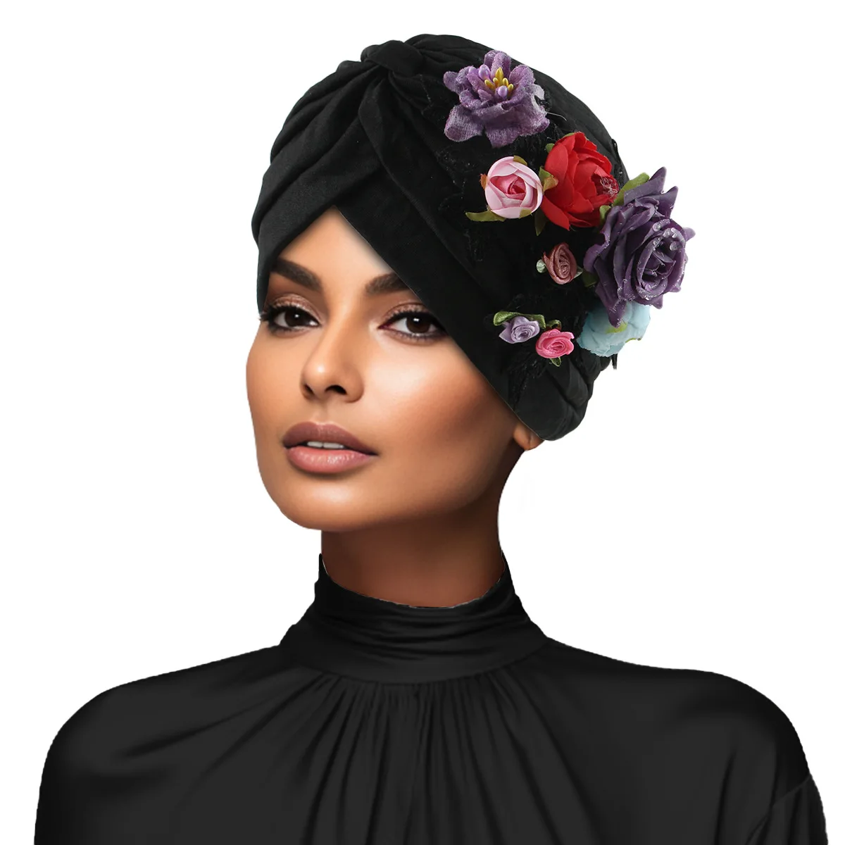 Flower Pleated Turban Cap Women Headscarf Bonnet Party Headwear Hat Turbante Hijab Muslim African Auto Geles Wedding Head Wrap
