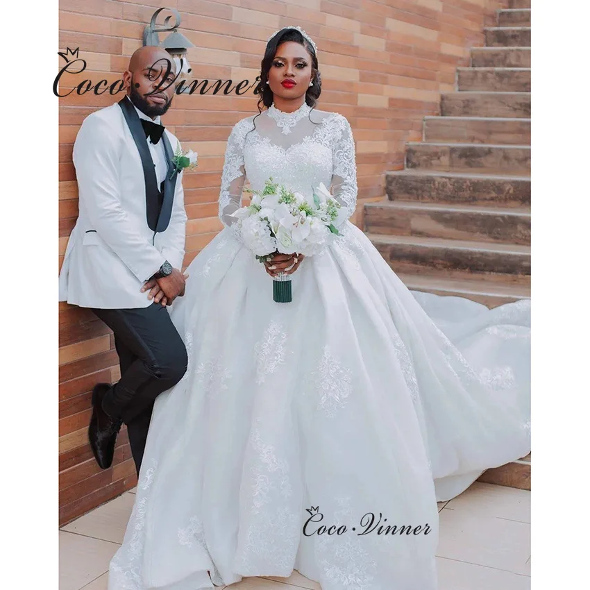 Customized Africa Style Wedding Dresses Ball Gown High Neck Long Sleeves Lace Appliques Beading Wedding Dress For Bride W1352