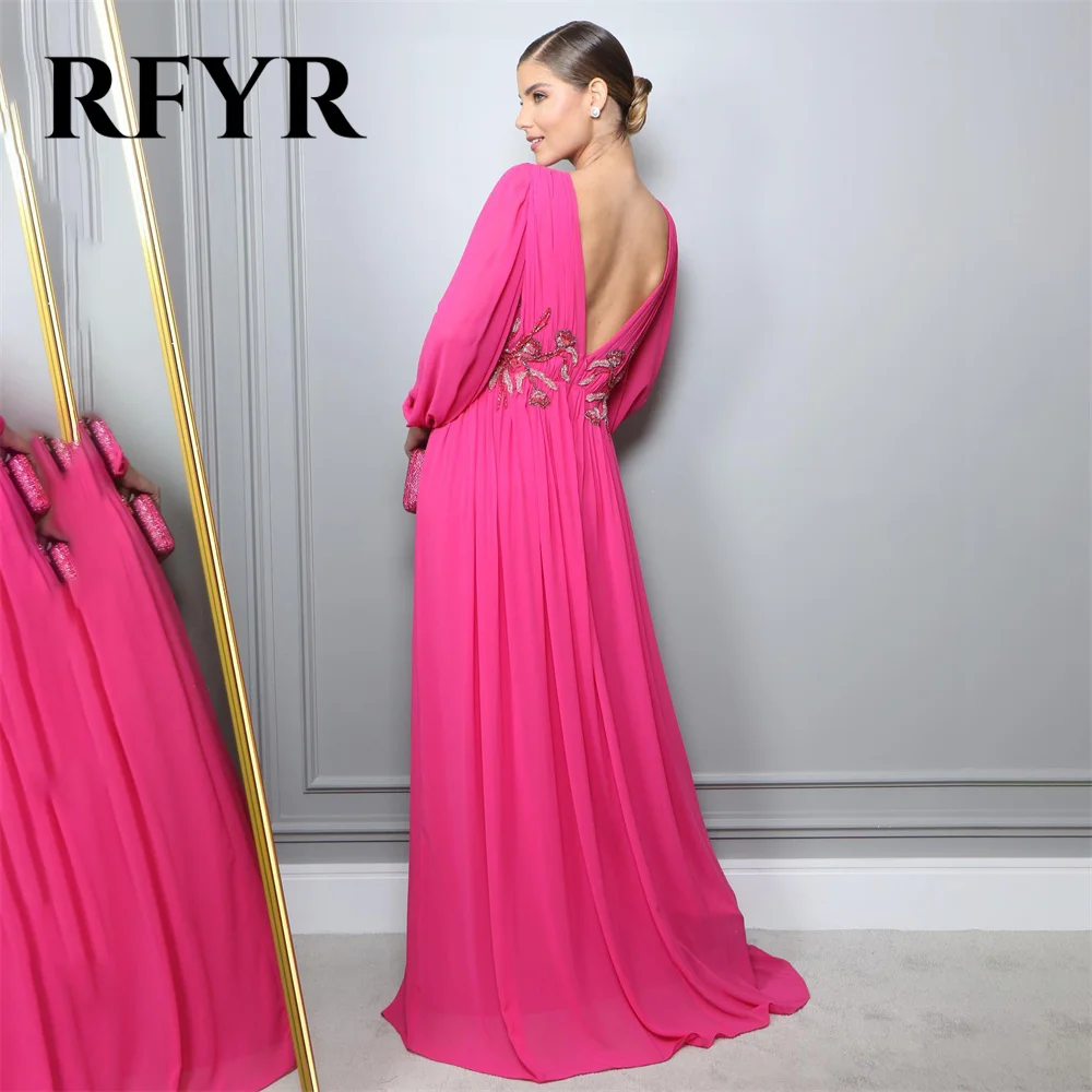 RFYR Fuchsia Beach Special Occasion Dresses V Neck Long Sleeves Formal Gown Long Embroidery Evening Dresses vestidos de fiesta