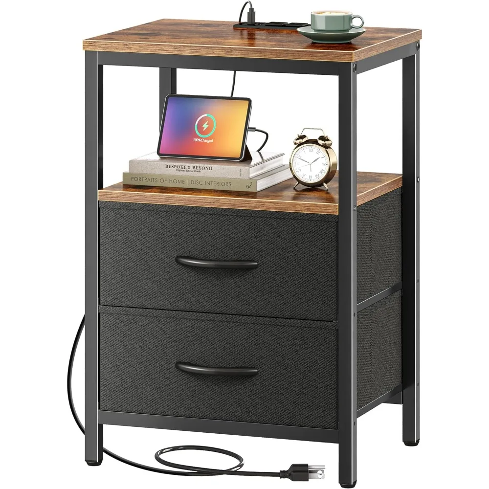 

Nightstand with Charging Station, Side Table with Fabric Drawers, End Table with Open Shelf, Bedside Table with USB Ports