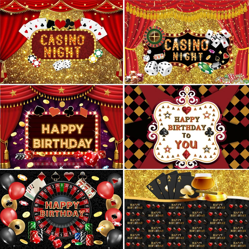 

Gold Glitter Casino Theme Night Poker Las Vegas Backdrop Play Card Roulette Red Curtain Birthday Party Banner Photo Studio Prop